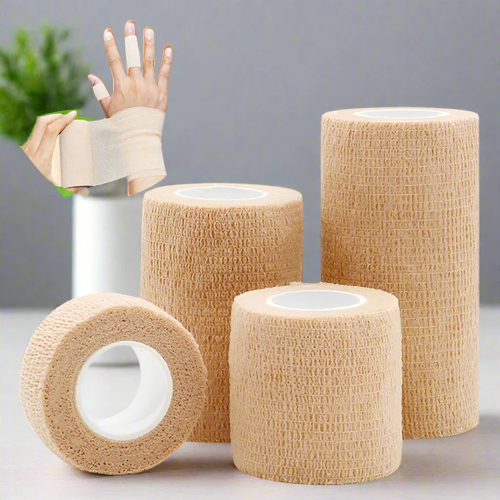 Set of beige elastic bandages with close-up of application on a white background