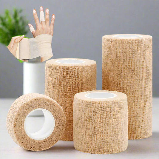 Set of beige elastic bandages with close-up of application on a white background